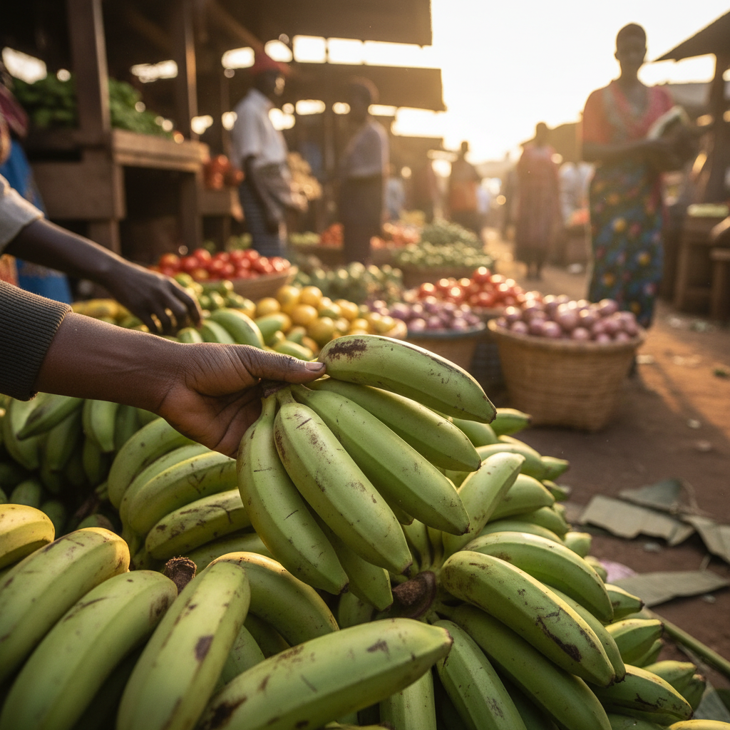 Hands selecting ripe green matoke bananas at Nakasero Market, early morning light