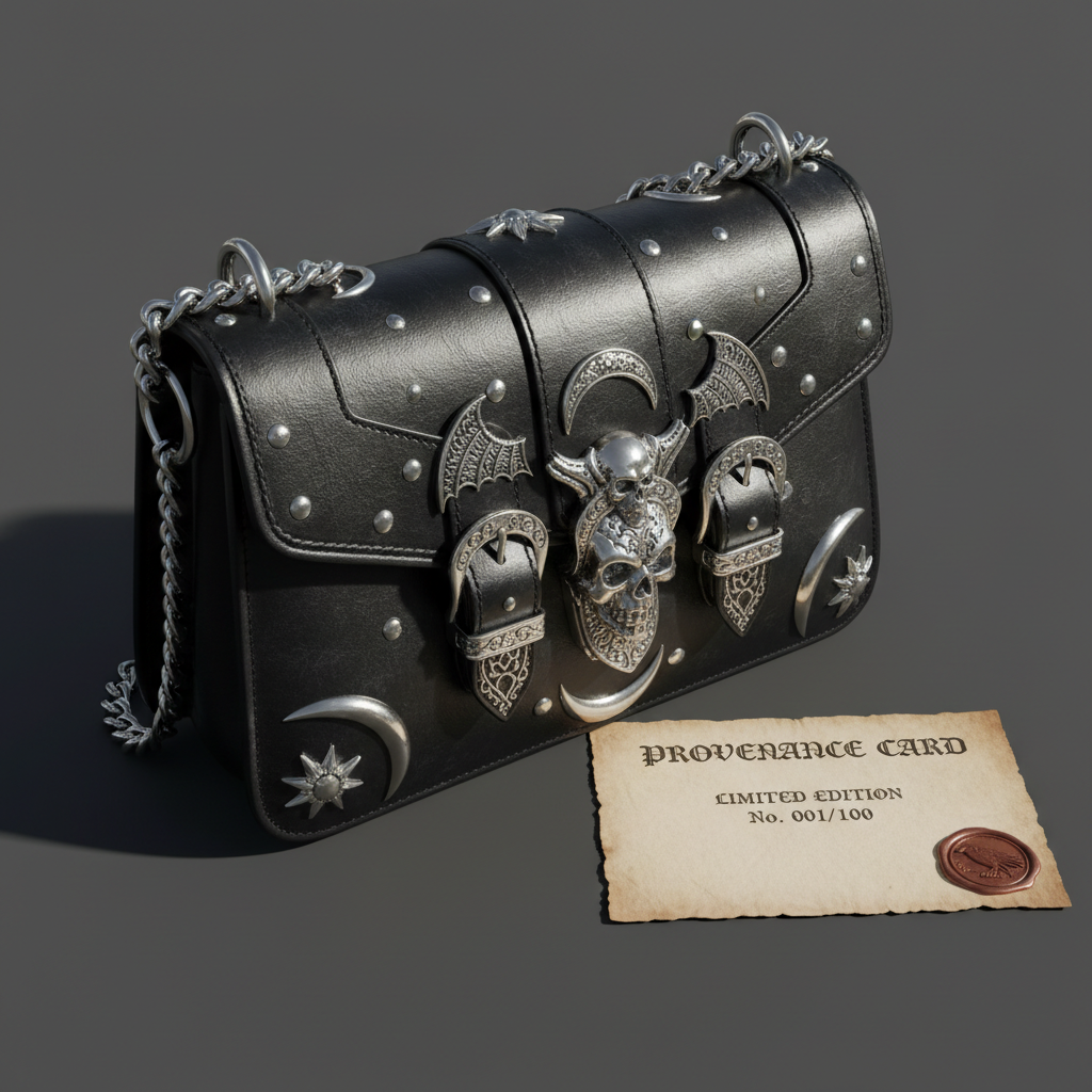 Finished gothic leather bag with silver hardware and provenance card numbered edition