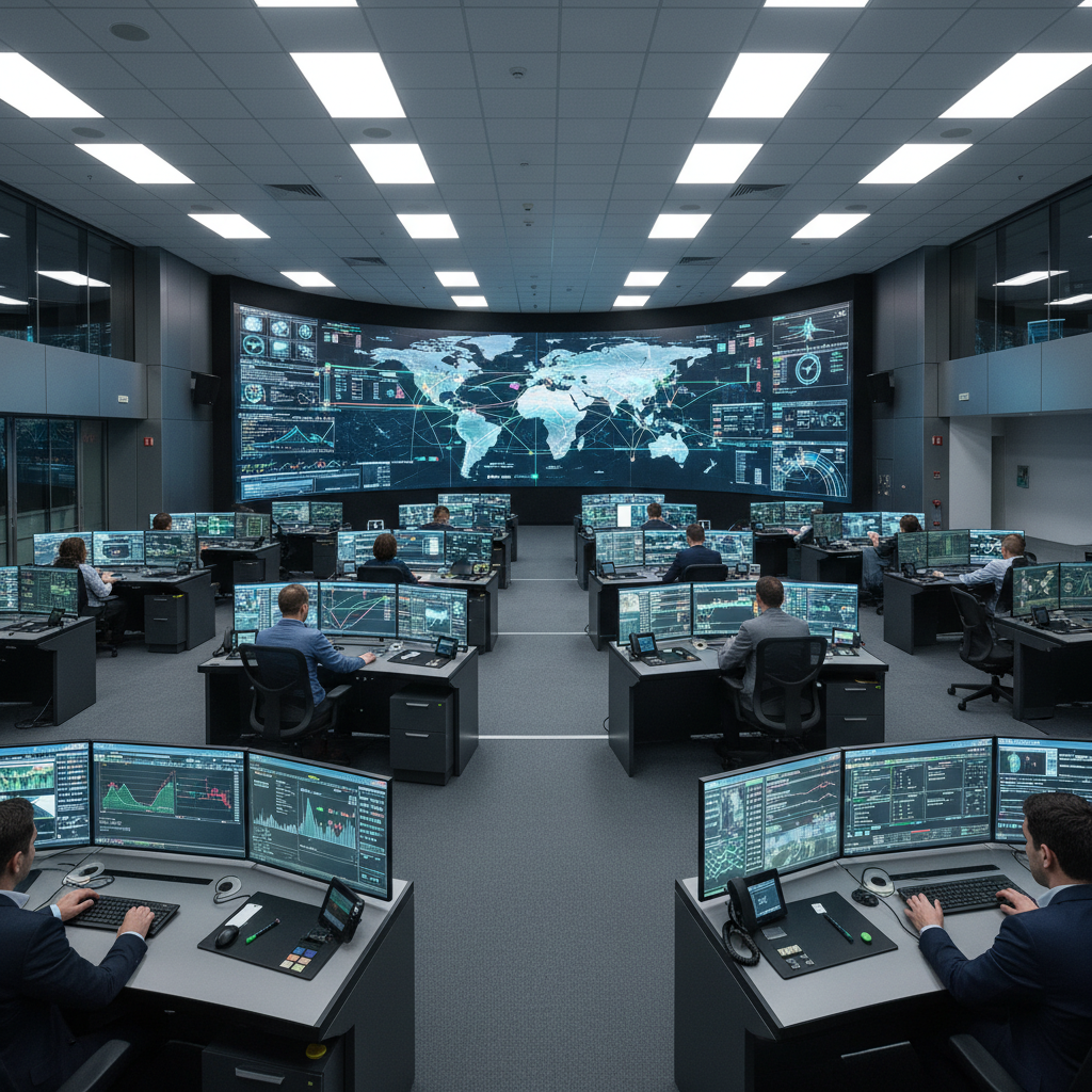 Energy grid monitoring control room with digital operational dashboards