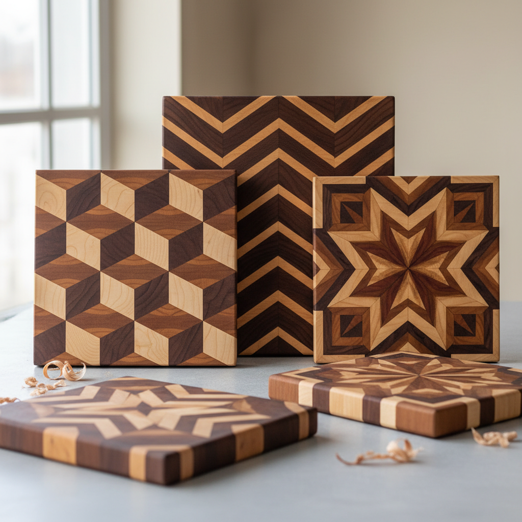 Handcrafted end-grain wood cutting board with maple and walnut pattern on kitchen counter