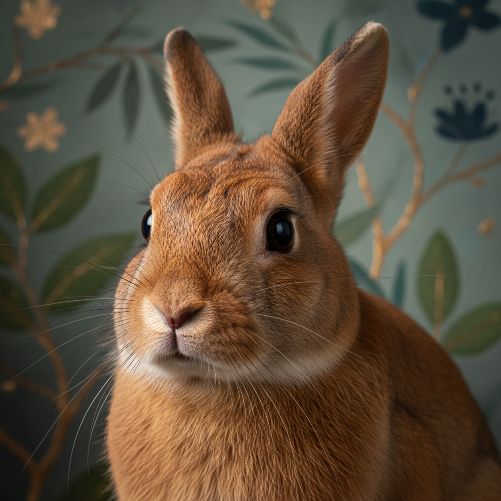 A warm brown mini Rex rabbit posed in golden hour studio light against a hand-painted botanical backdrop, looking directly at camera with alert, intelligent eyes
