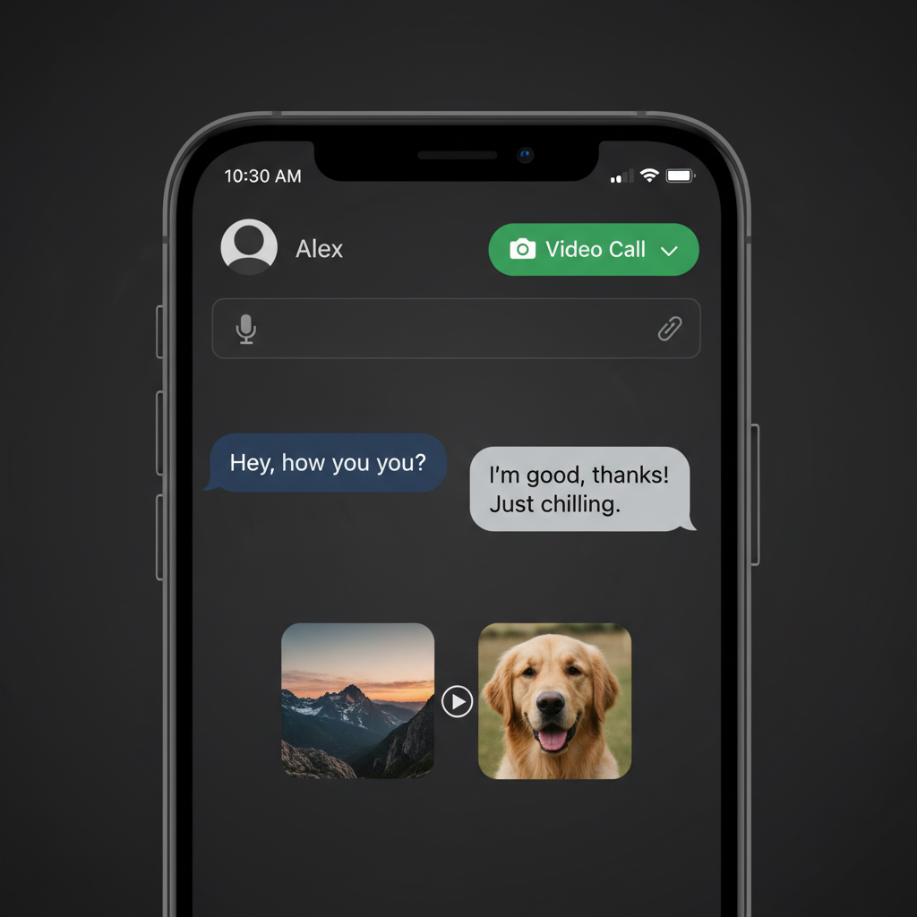 Chat interface on phone screen in dark environment, soft screen glow, minimal dark background
