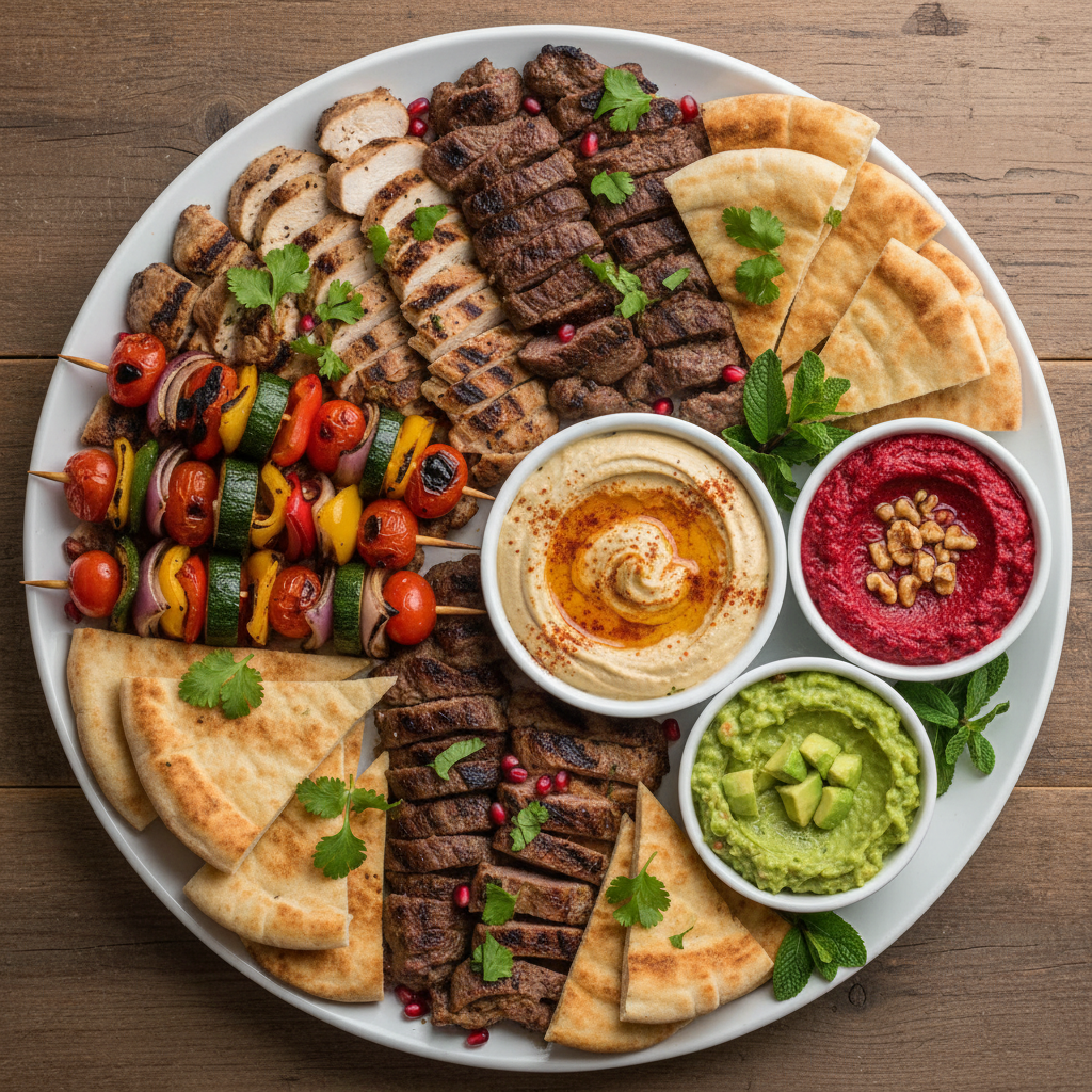 Arabian mixed grill platter with seekh kebabs, shish tawook and kofta with pita bread, dramatic dark lighting