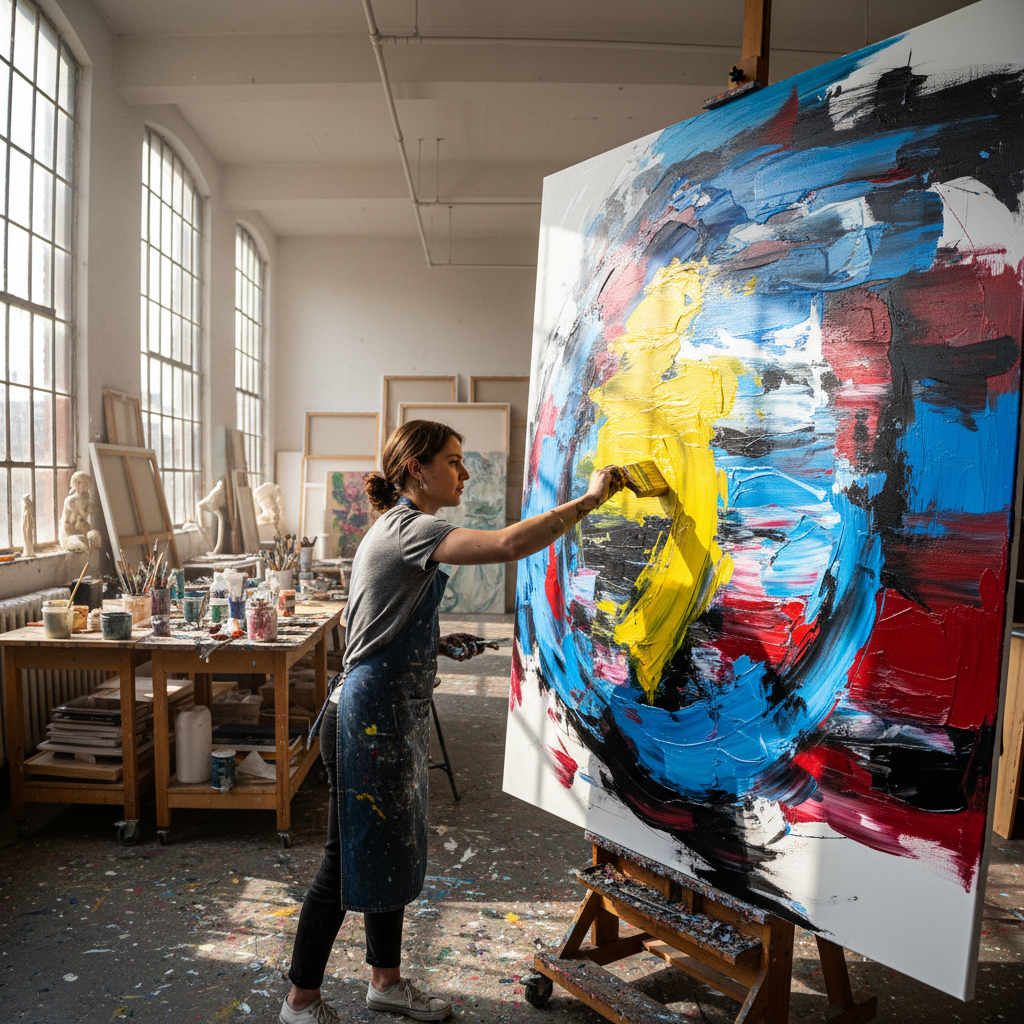 Fine art student working on large abstract canvas painting with bold brushstrokes, studio environment with natural light