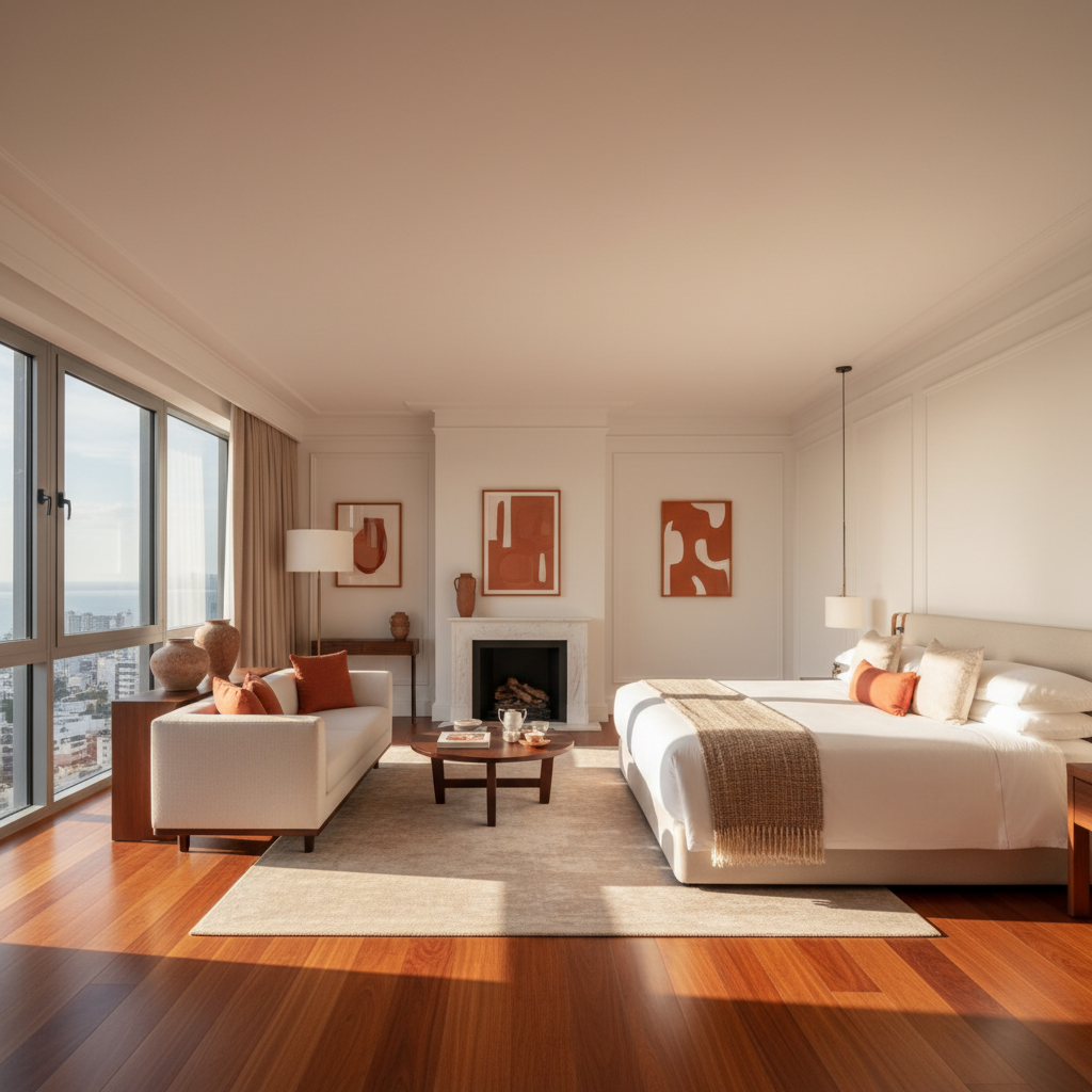 Luxurious boutique hotel room with antique furnishings and terracotta floors