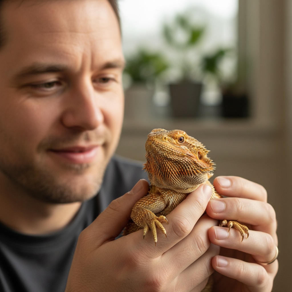Sung-min Park, reptile enthusiast, holding a bearded dragon