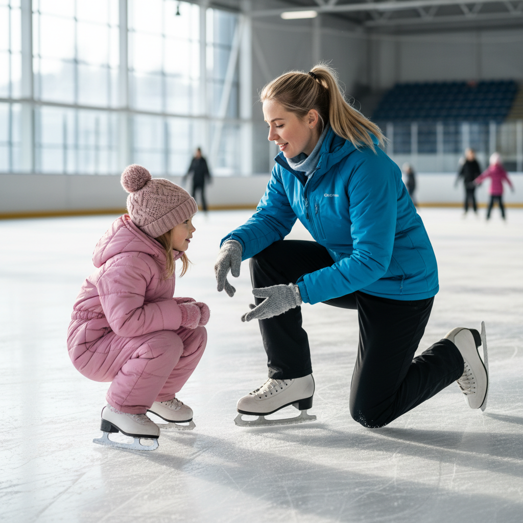 Female ice skating instructor Priya Nair kneeling on ice with a young student