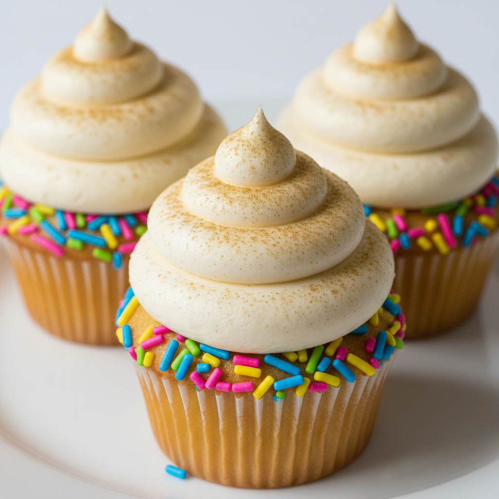 Six red velvet cupcakes with swirled cream cheese frosting and edible gold sprinkles on white board