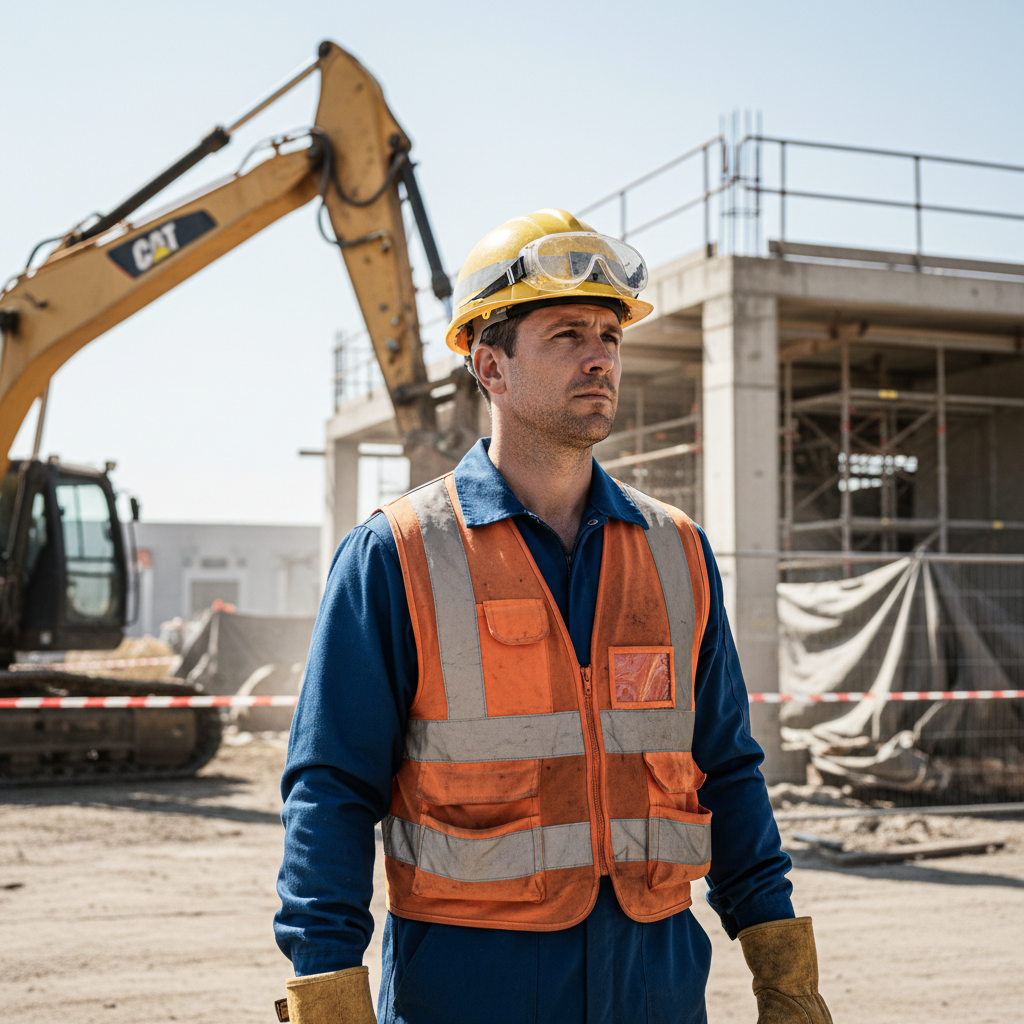 Skilled worker in safety helmet ready for work at industrial site