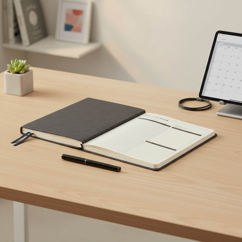 Calendar planner open on a wooden desk with pen, scheduling appointment in warm light