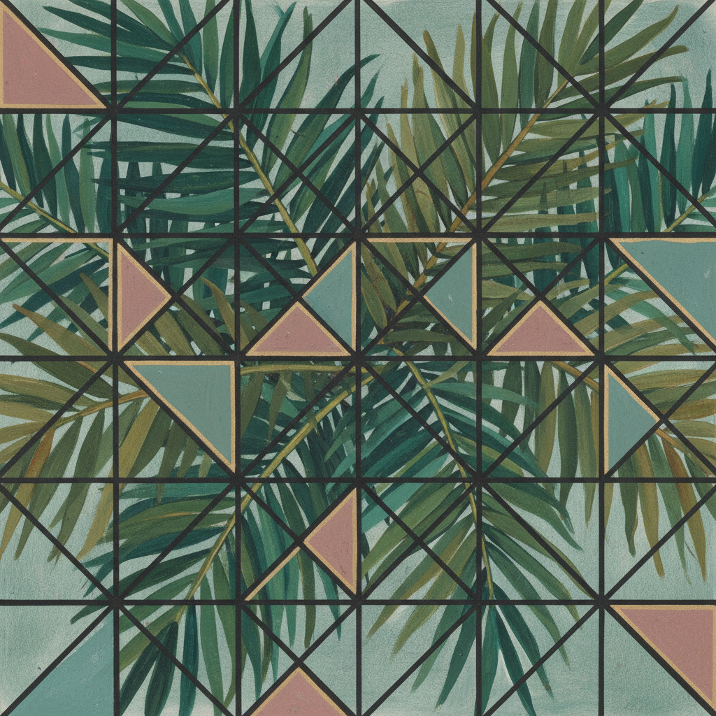Large-format gouache painting of tropical palm fronds with architectural geometric grid overlay