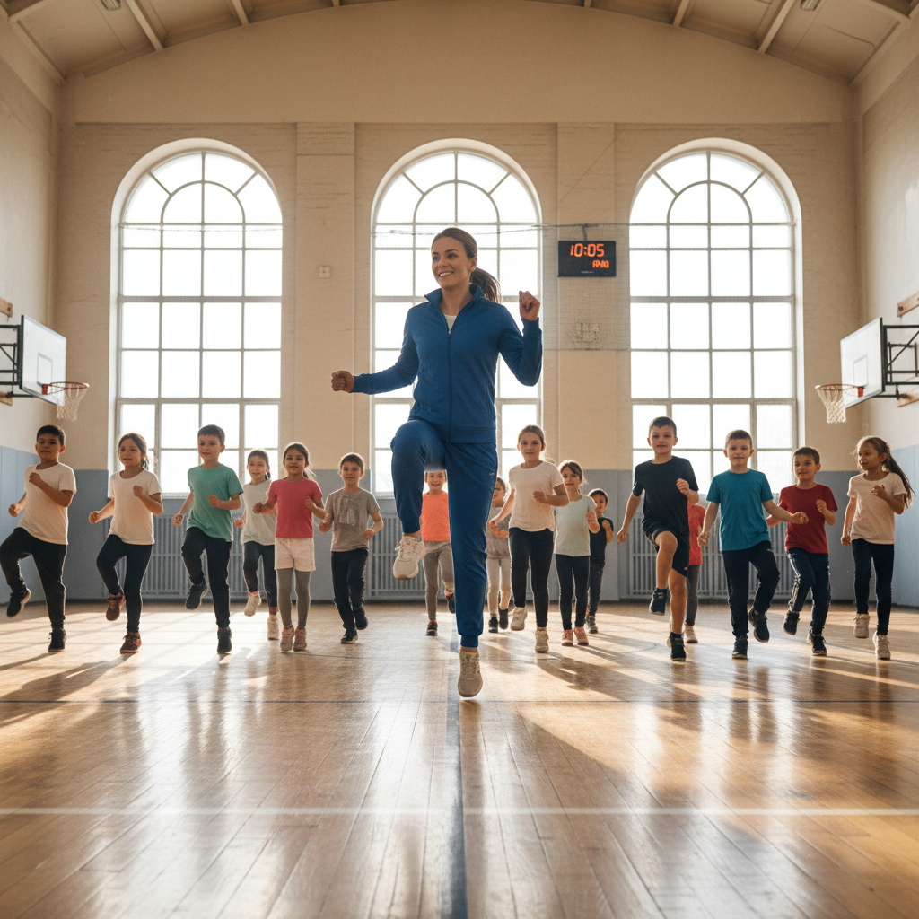 PE teacher demonstrating locomotor drill with students following along in a school gymnasium