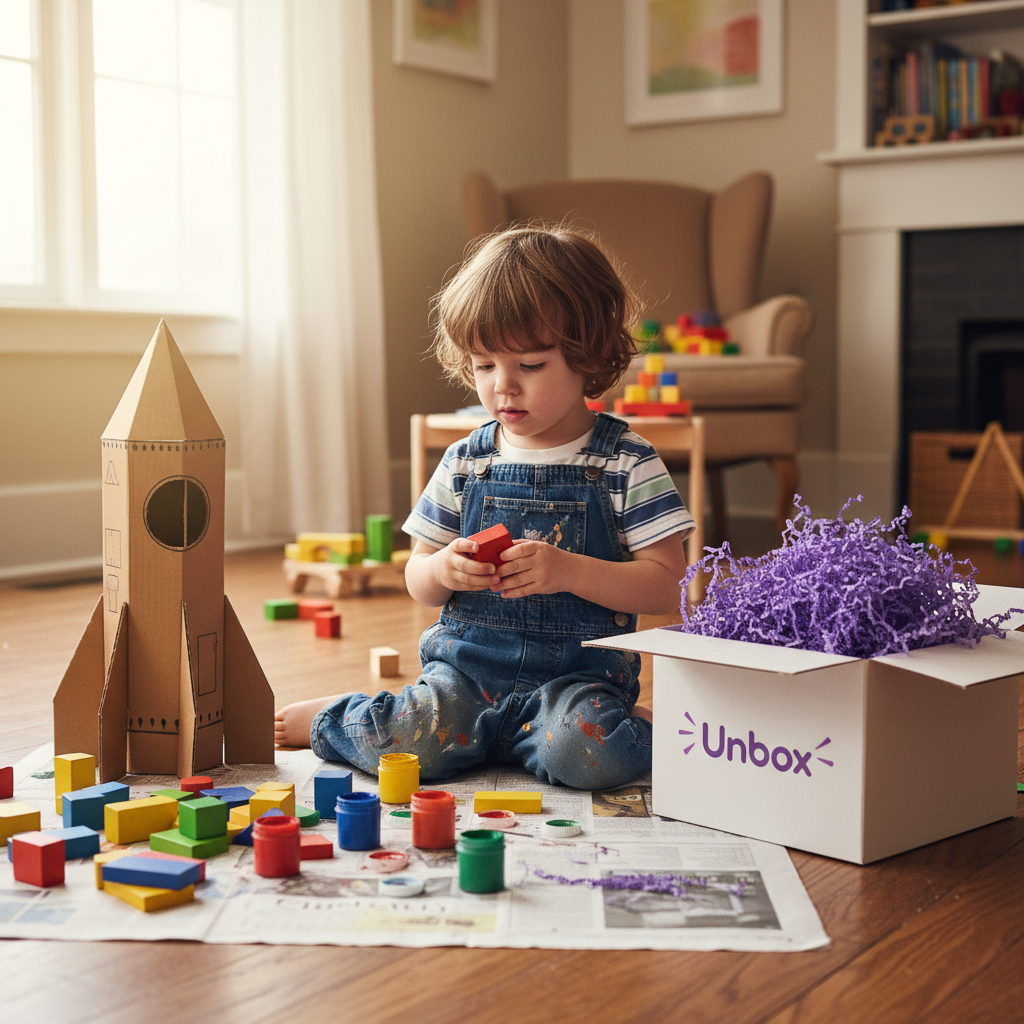 Child cross-legged on floor surrounded by colorful blocks, paint pots, cardboard rocket, and shredded purple tissue paper from Unbox delivery