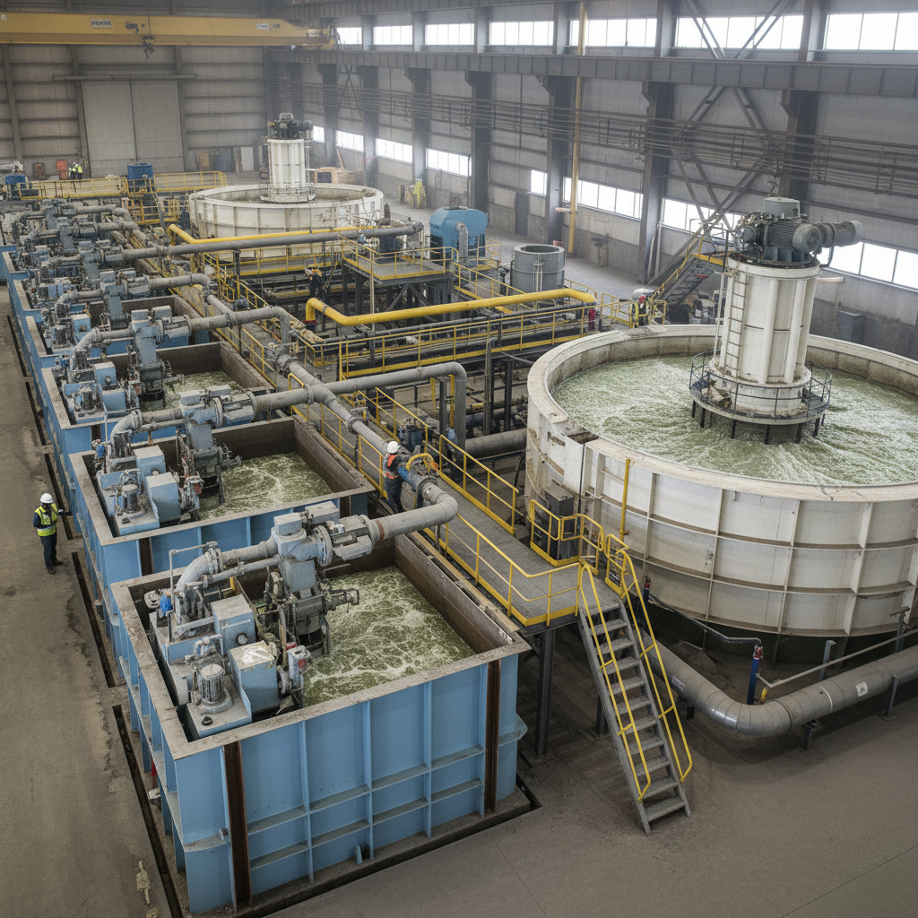 Mercury-free mineral processing equipment in mining facility, clean industrial environment, bright lighting