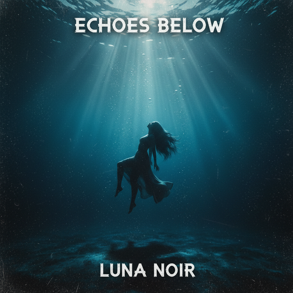 Moody album cover with underwater light rays and silhouette of female figure