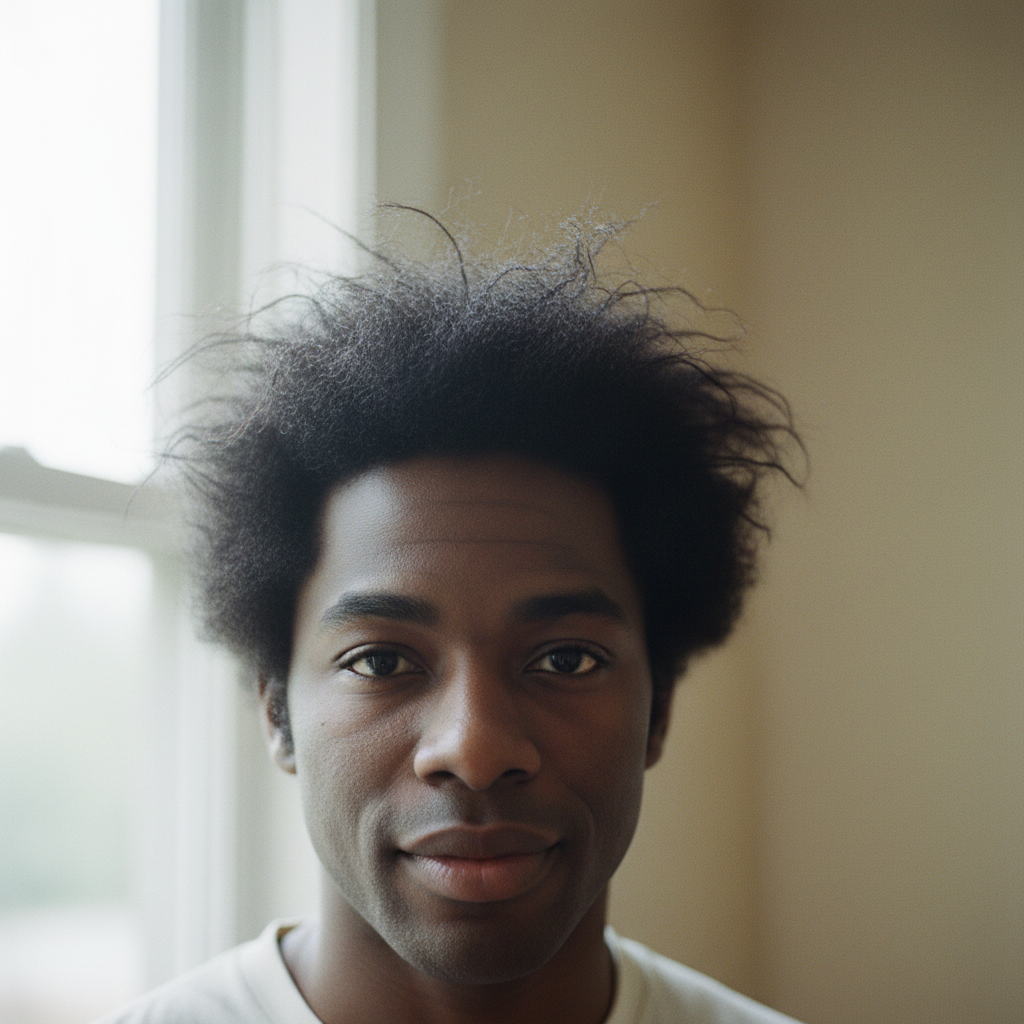 Young Black man with natural hair looking confidently into camera