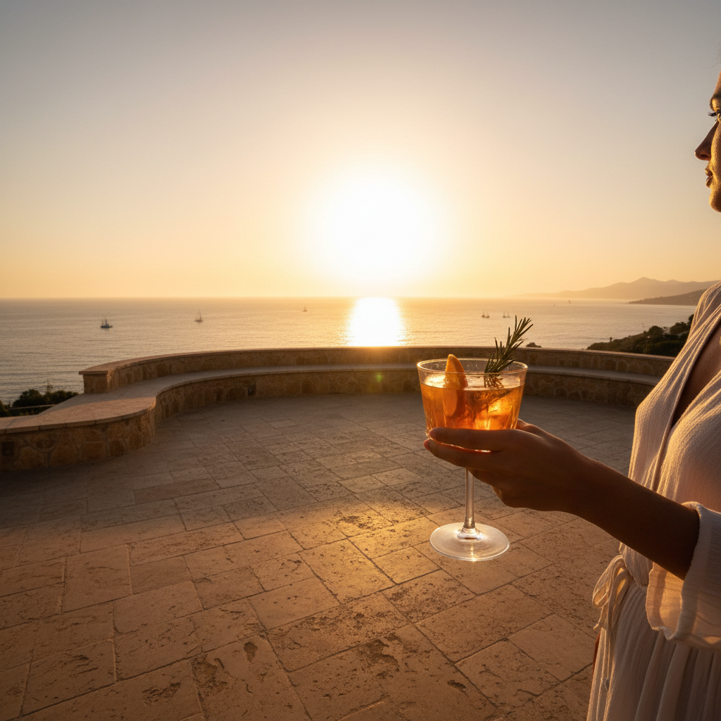 Private terrace overlooking ocean at golden hour with drink in hand