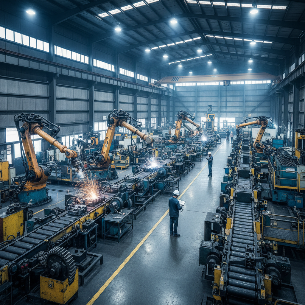 Industrial factory floor with heavy machinery and equipment in operation