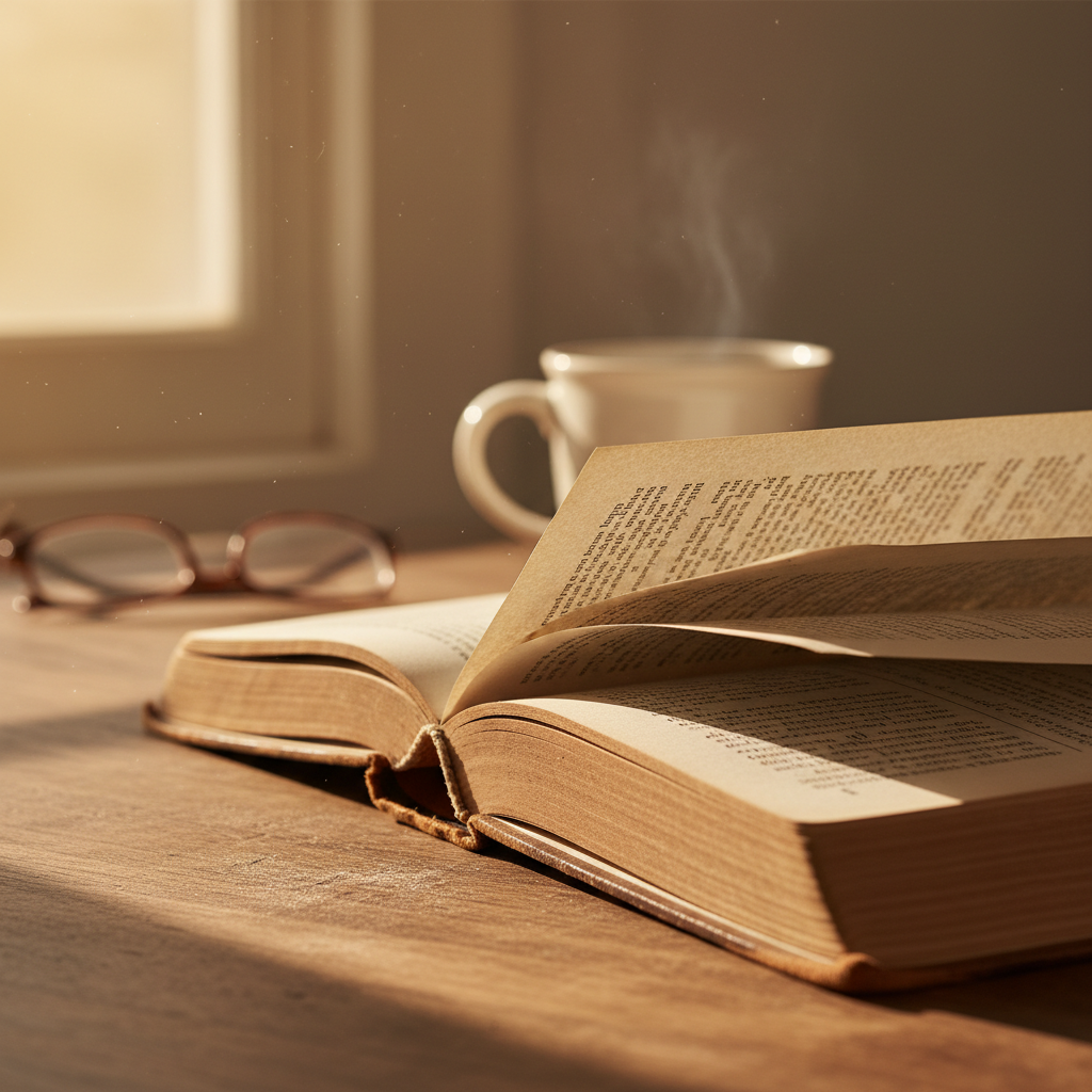 Open book pages close-up with warm reading lamp light, dark wooden desk, atmospheric dim background, cozy shadows