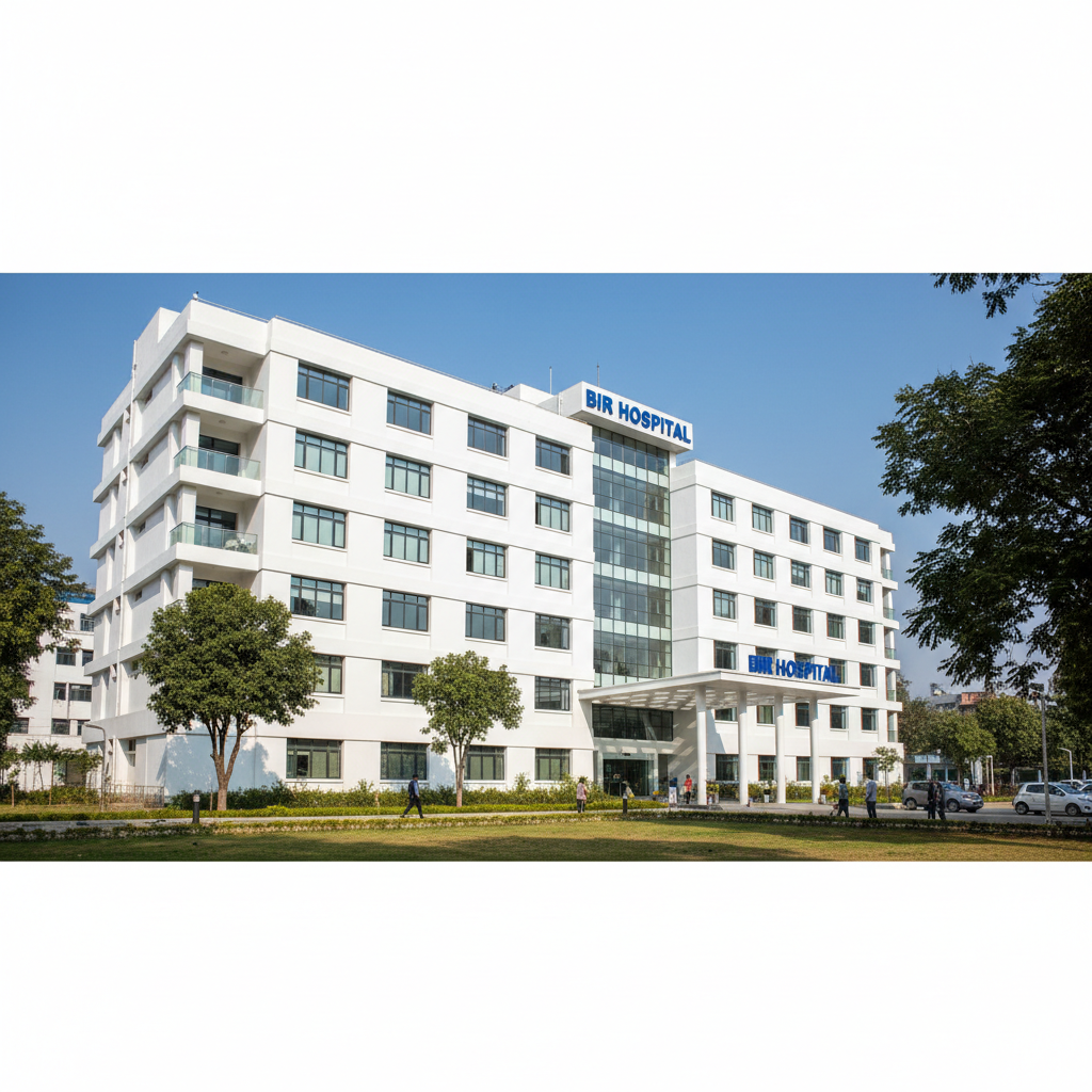 NHS hospital building exterior, white and blue modern medical facility