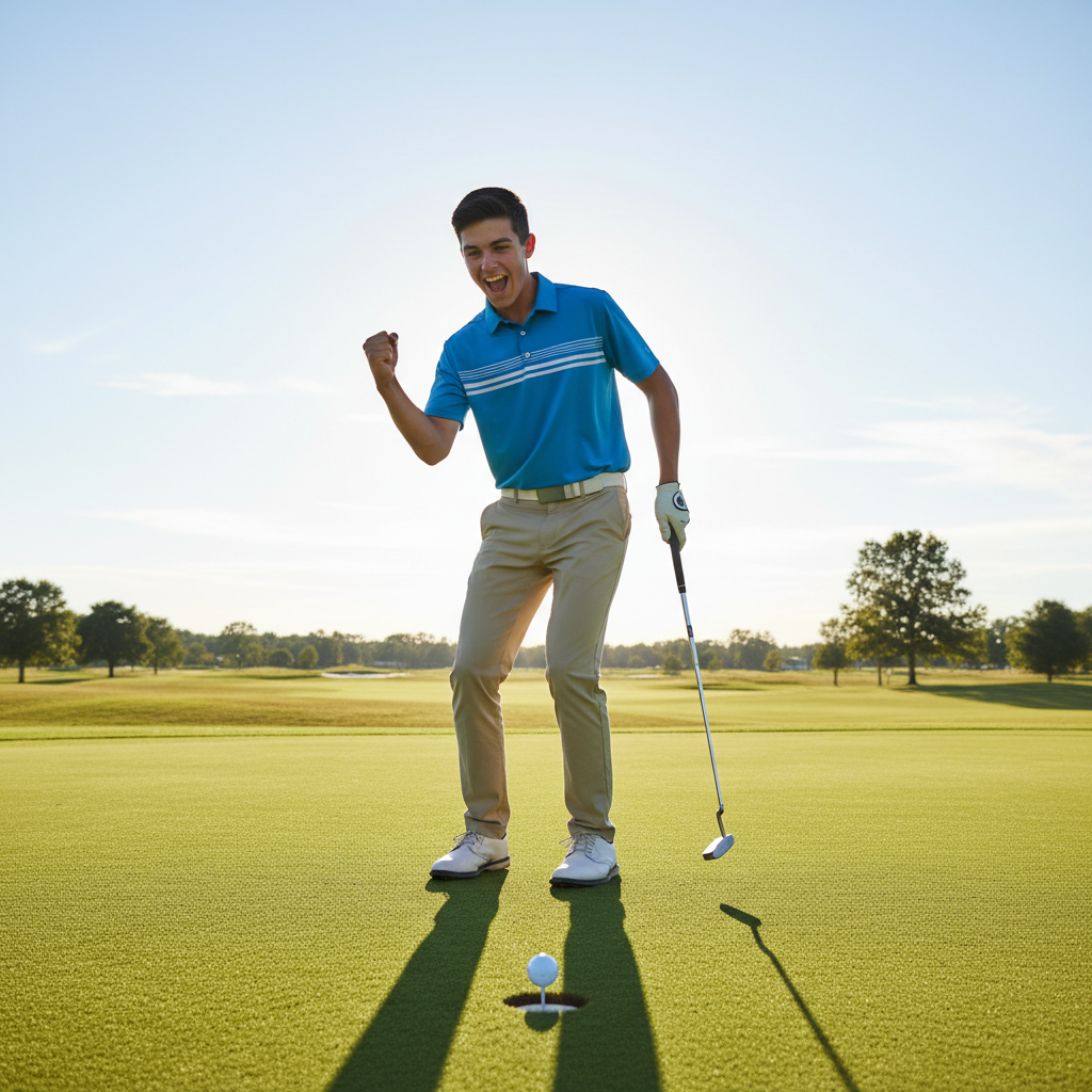 Junior golfer fist-pumping after sinking a birdie putt on a sunny afternoon