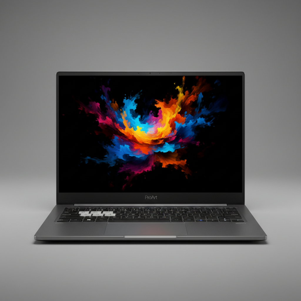 Asus ZenBook Pro 14 dark laptop open on desk, creator laptop with OLED