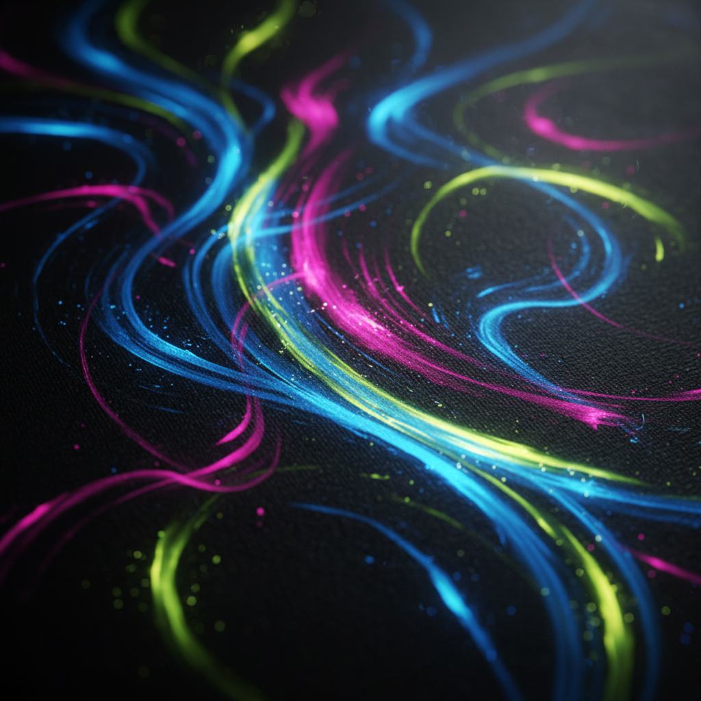 Dark digital art canvas with glowing strokes, moody creative studio