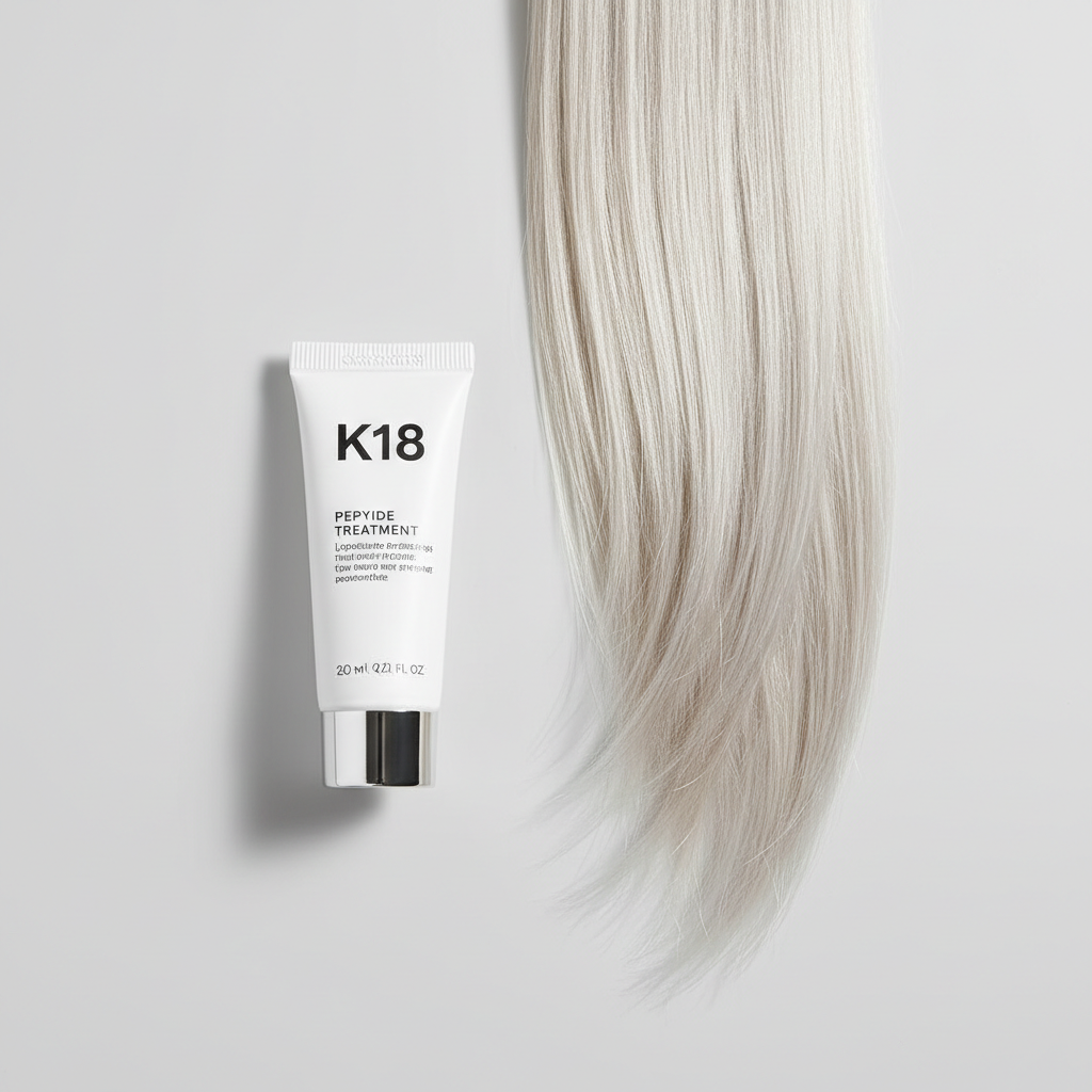 K18 peptide treatment mini tube beside freshly colored blonde hair strands