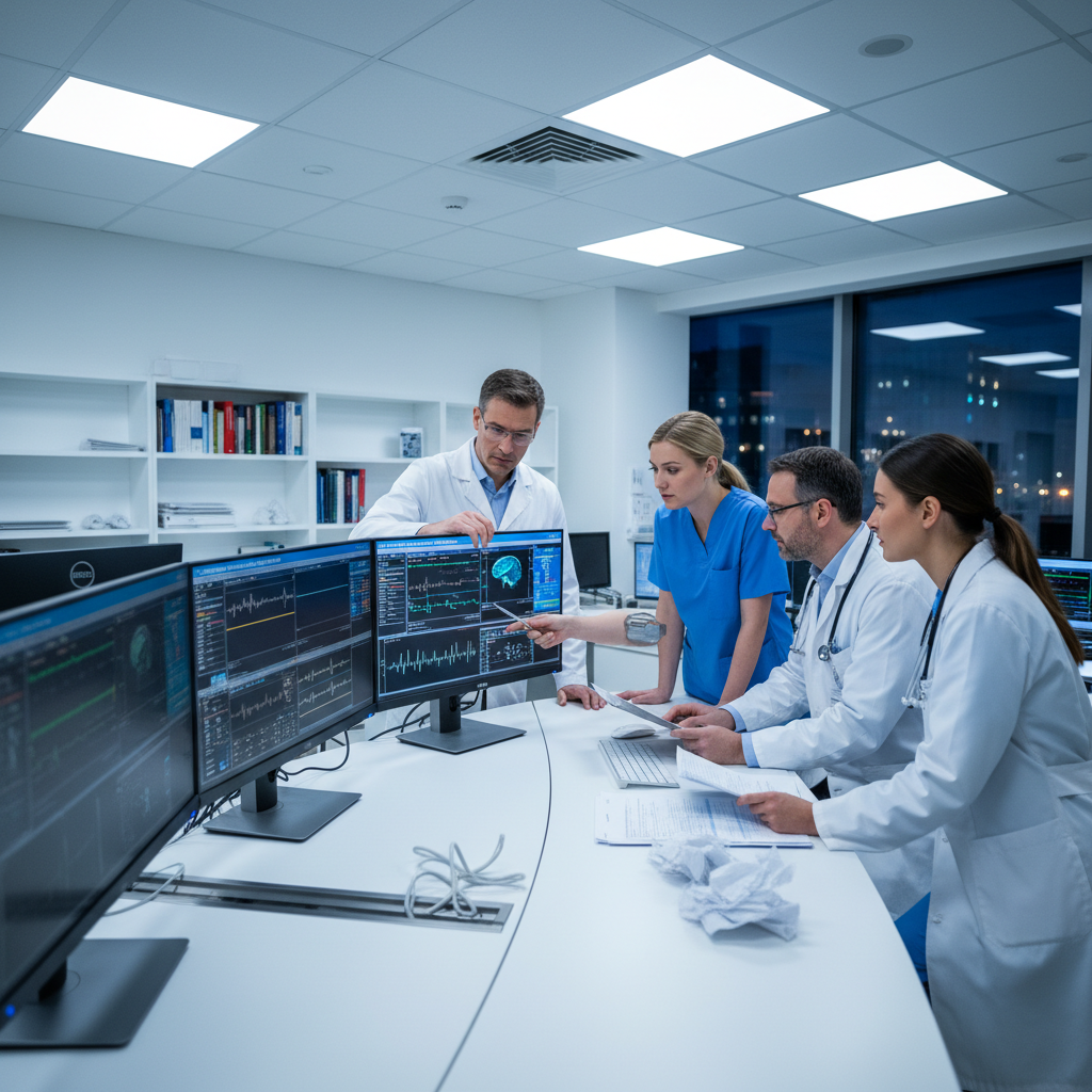EEG monitoring equipment in neurology clinic, professional diagnostic setting with modern technology