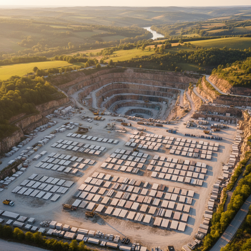 Aerial view of quarry facility at golden hour with rolling hills and slab yard