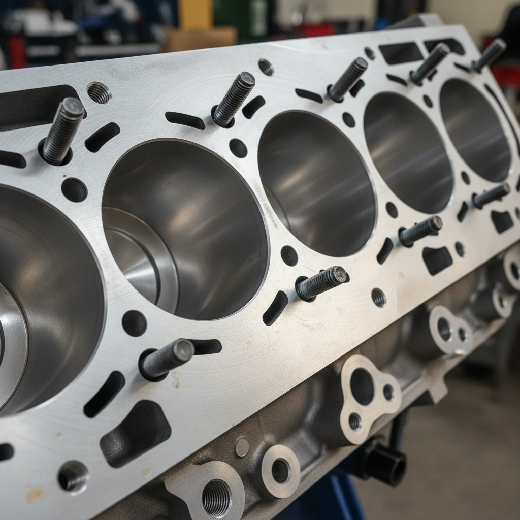 Close-up of a machined engine block with visible cylinder bores and metallic surfaces