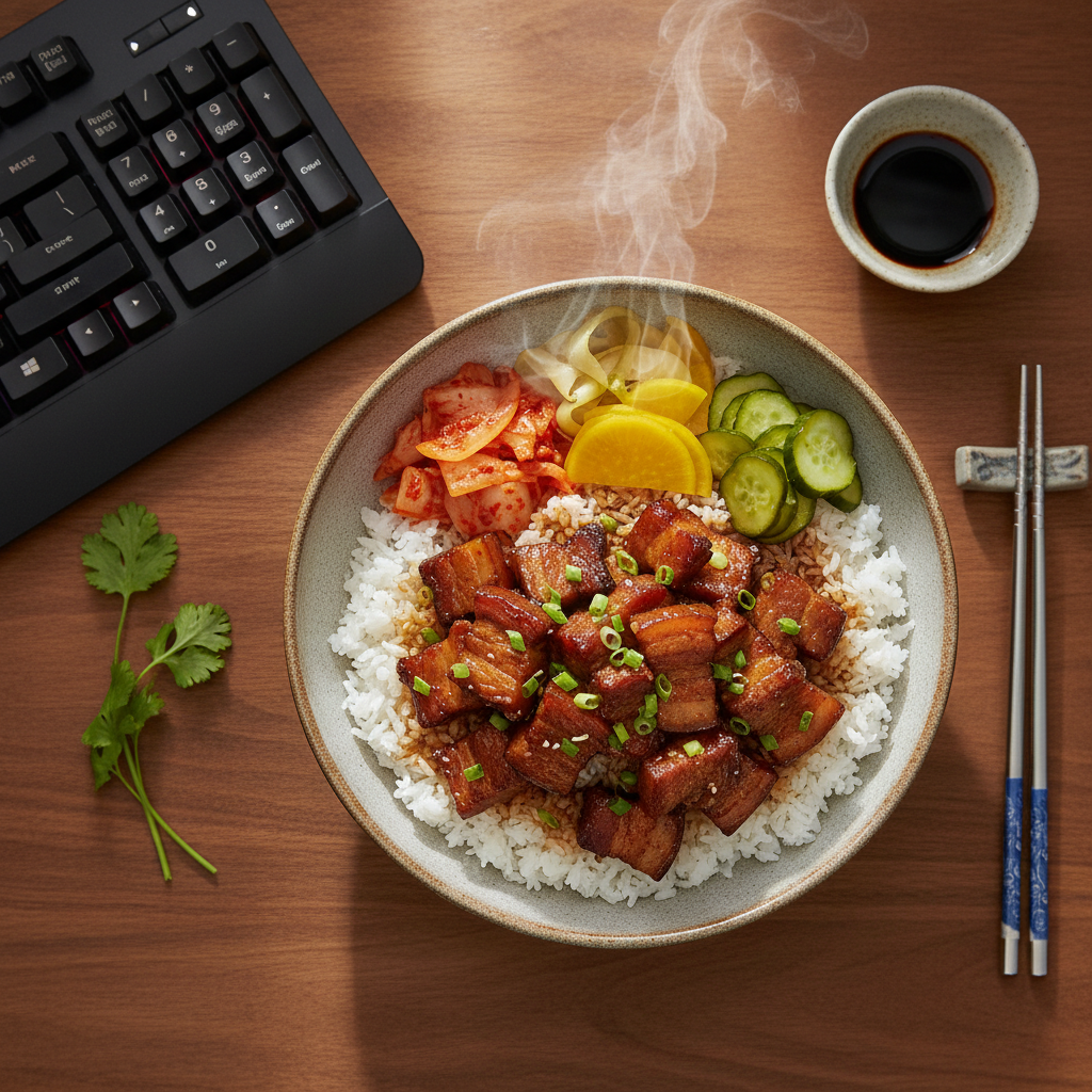 Overhead shot of rice bowl with braised pork and pickled vegetables on a wooden desk next to a keyboard