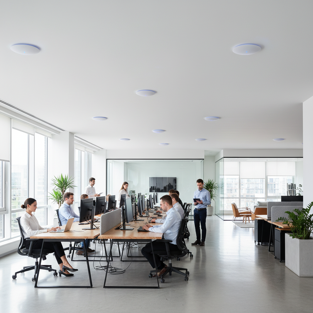 Modern office with wireless access points mounted on ceiling providing enterprise Wi-Fi coverage to employees