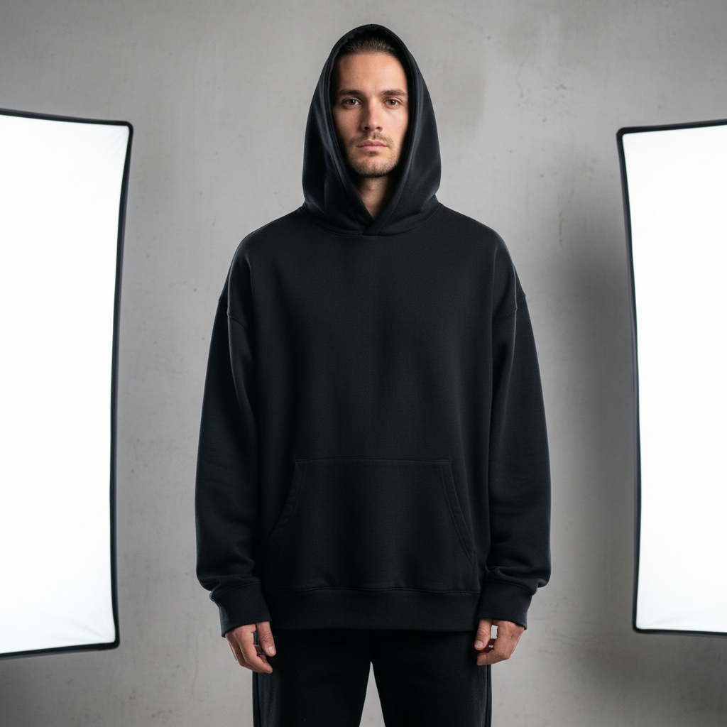Dark vintage washed hoodie on model, moody studio background, deep shadow, premium streetwear
