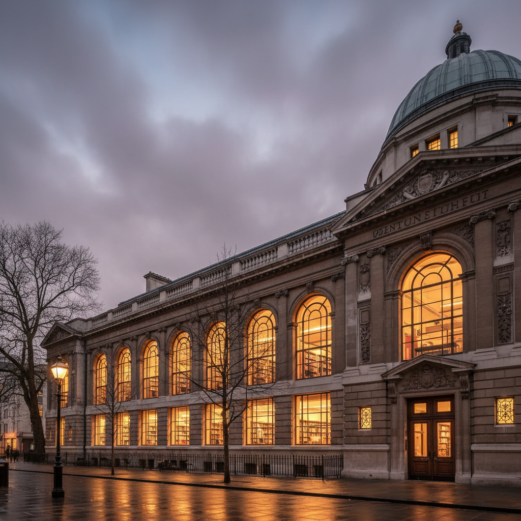 Public library exterior at dusk, warm light from reading room windows visible against grey London sky