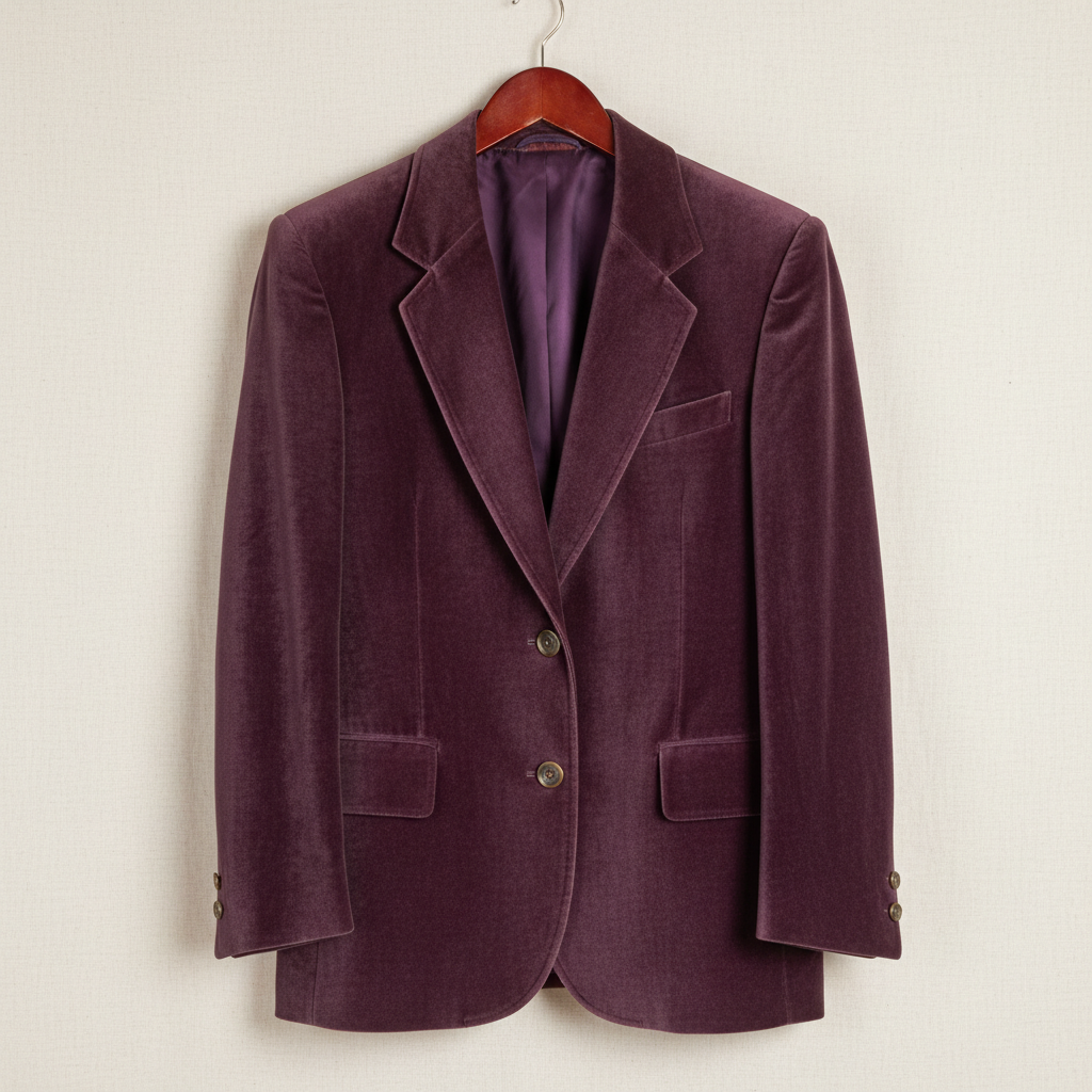 Brown plaid wool blazer hanging on wooden hanger against cream wall