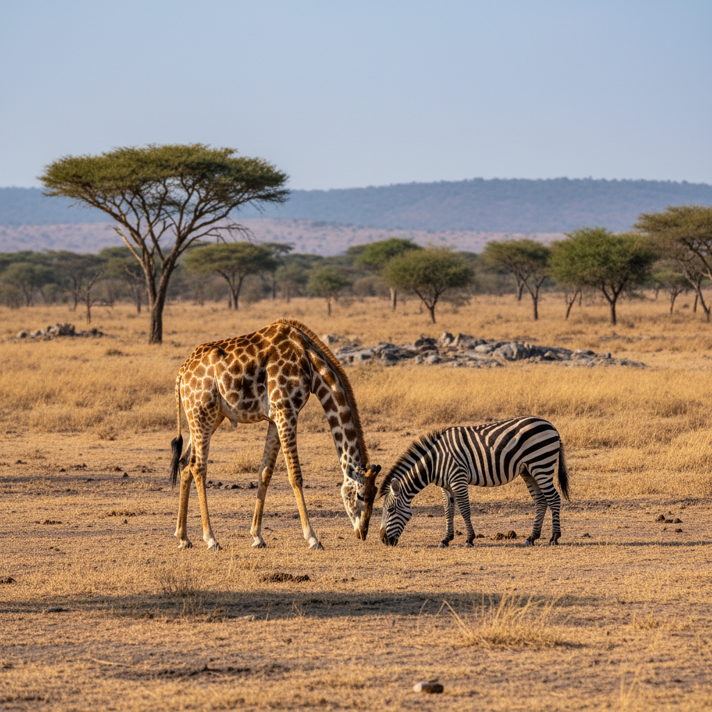 Grevy zebra and reticulated giraffe in Samburu Reserve, dry acacia bush Kenya