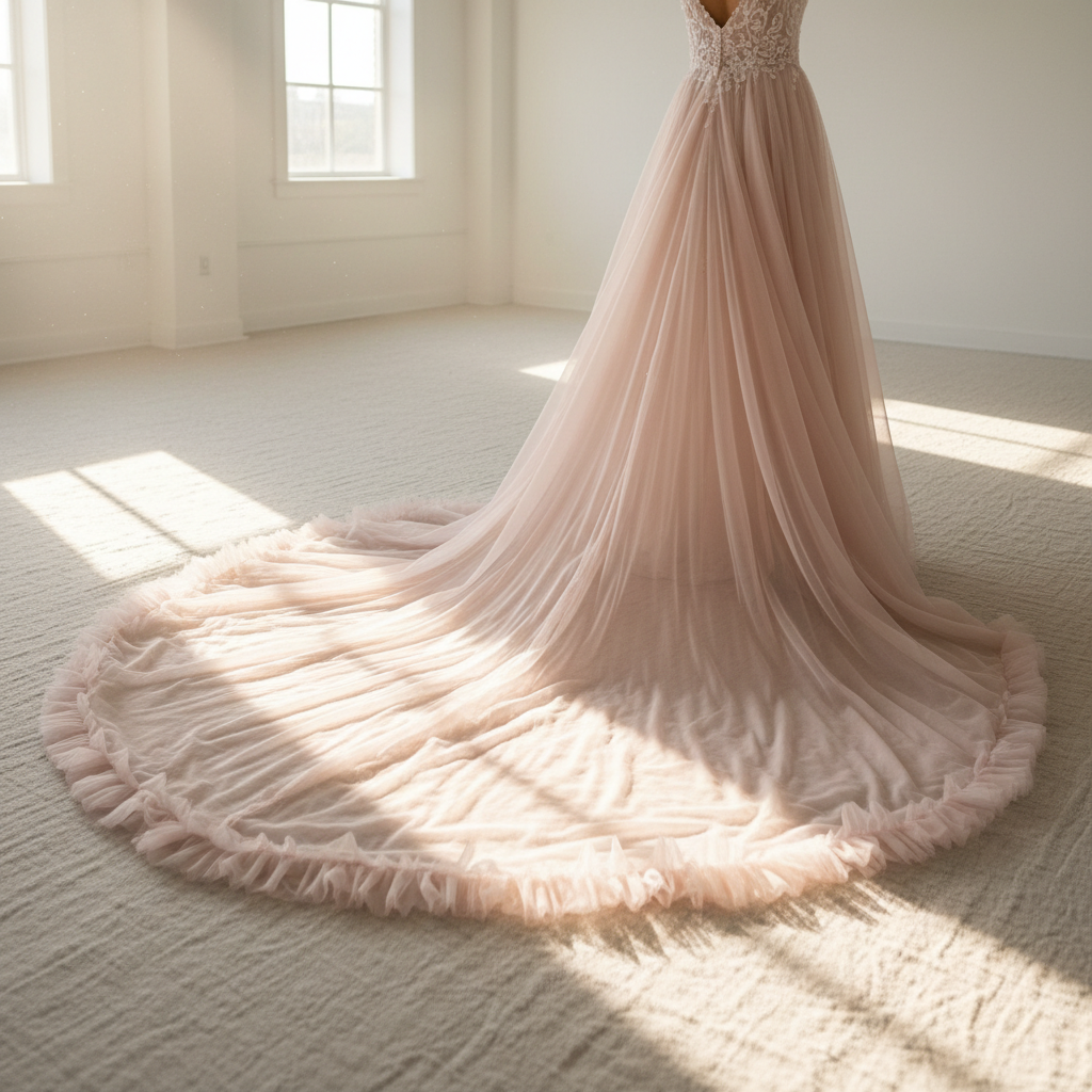Delicate embroidered evening gown detail, soft studio lighting, ivory and blush tones, exquisite craftsmanship