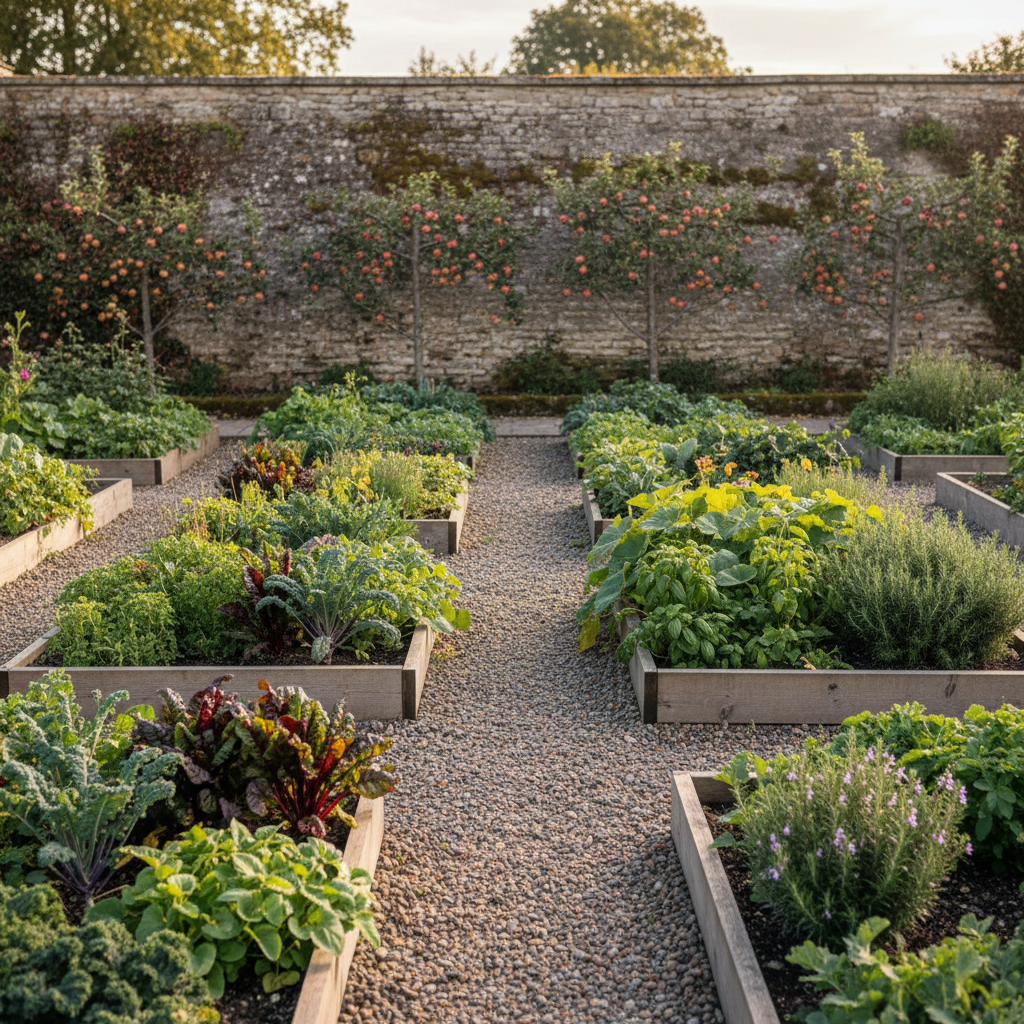 Restored kitchen garden with raised beds, gravel paths, and espaliered fruit trees against stone wall