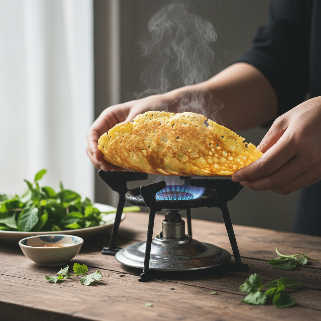 Hands folding a crispy golden bánh xèo crêpe over a gas flame, steam rising