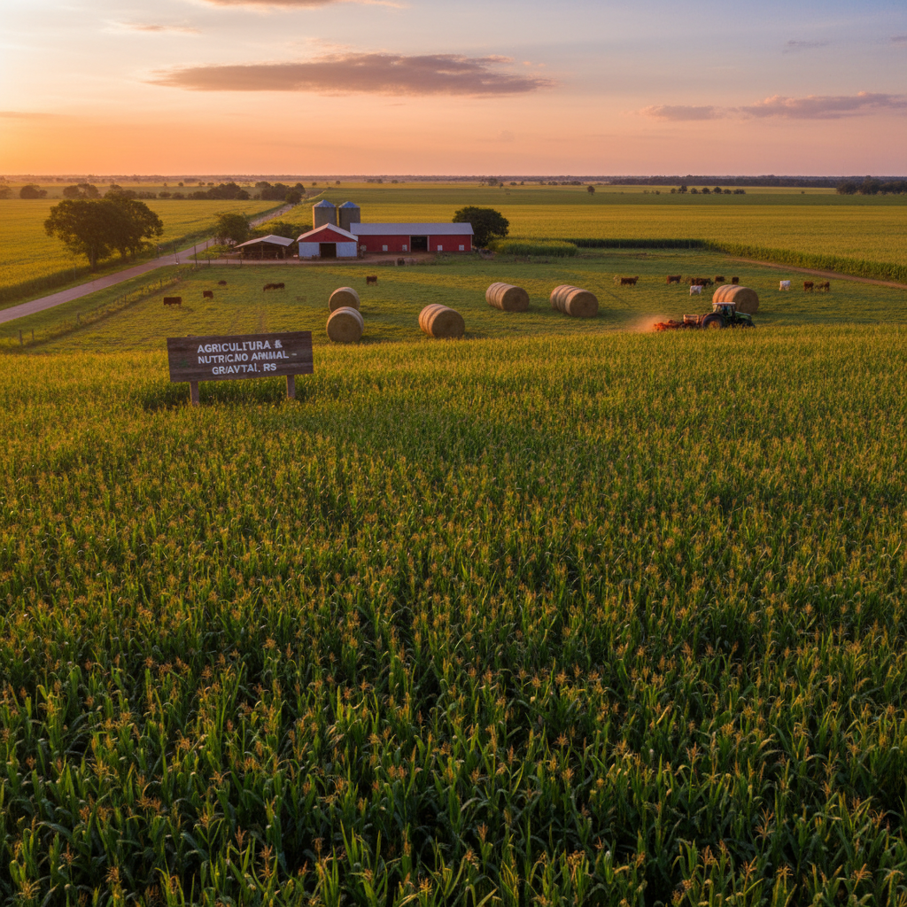 Lavoura de milho verde ao pôr do sol em Gravataí/RS — Agropastoril Bitelo, nutrição animal