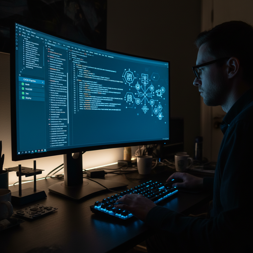 Laptop screen showing code editor in dark room, blue light glow, developer workspace atmosphere
