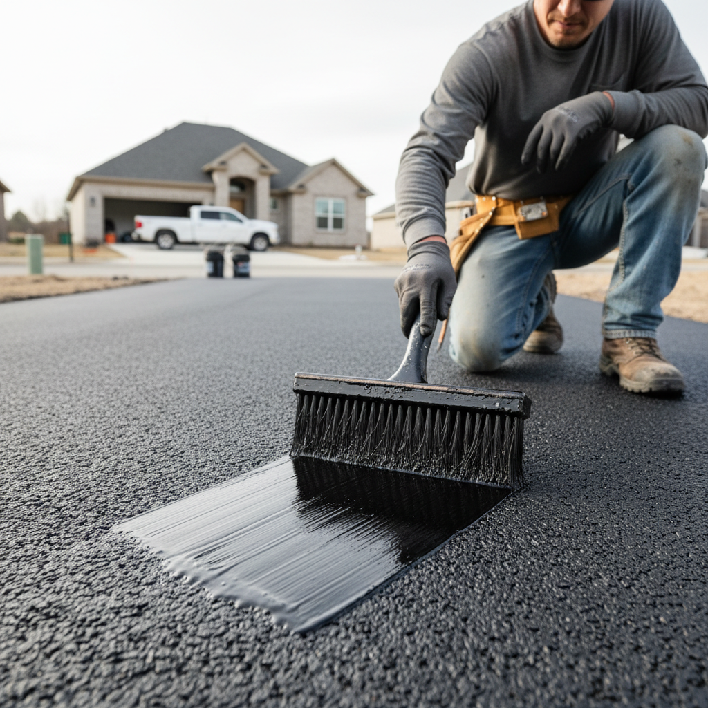 Worker applying black asphalt sealer to pavement surface with squeegee, bright daylight, industrial work site