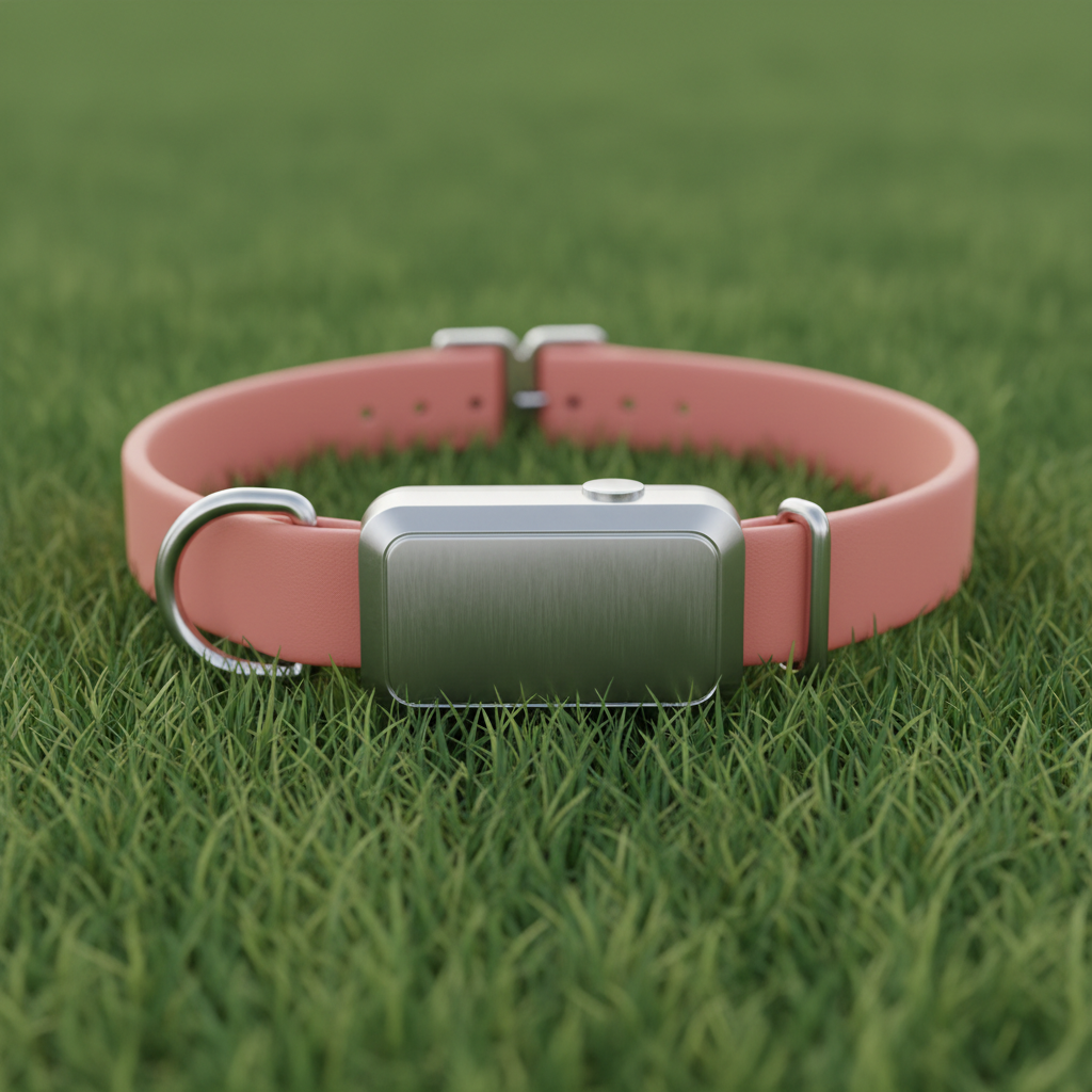 Modern GPS smart dog collar in muted coral with metal hardware on grass