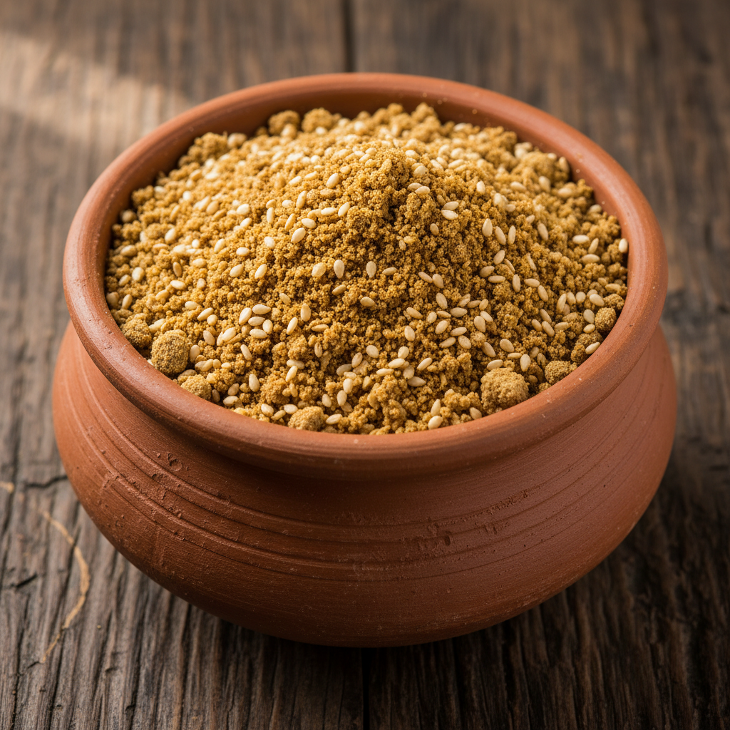 Dark reddish-brown idly karam powder in a small bowl with sesame seeds on a warm-toned surface