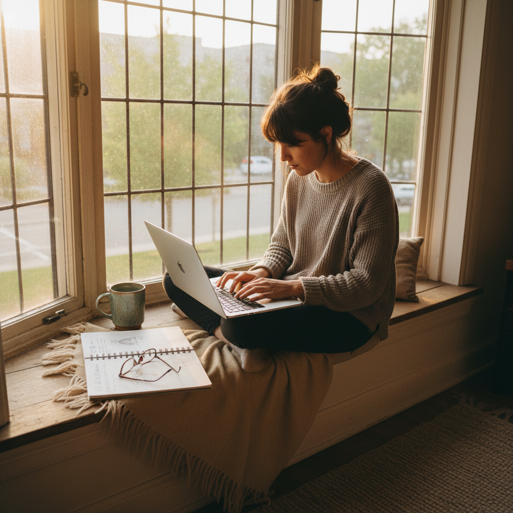 Freelancer working quietly at a café table with a ceramic matcha bowl beside their laptop