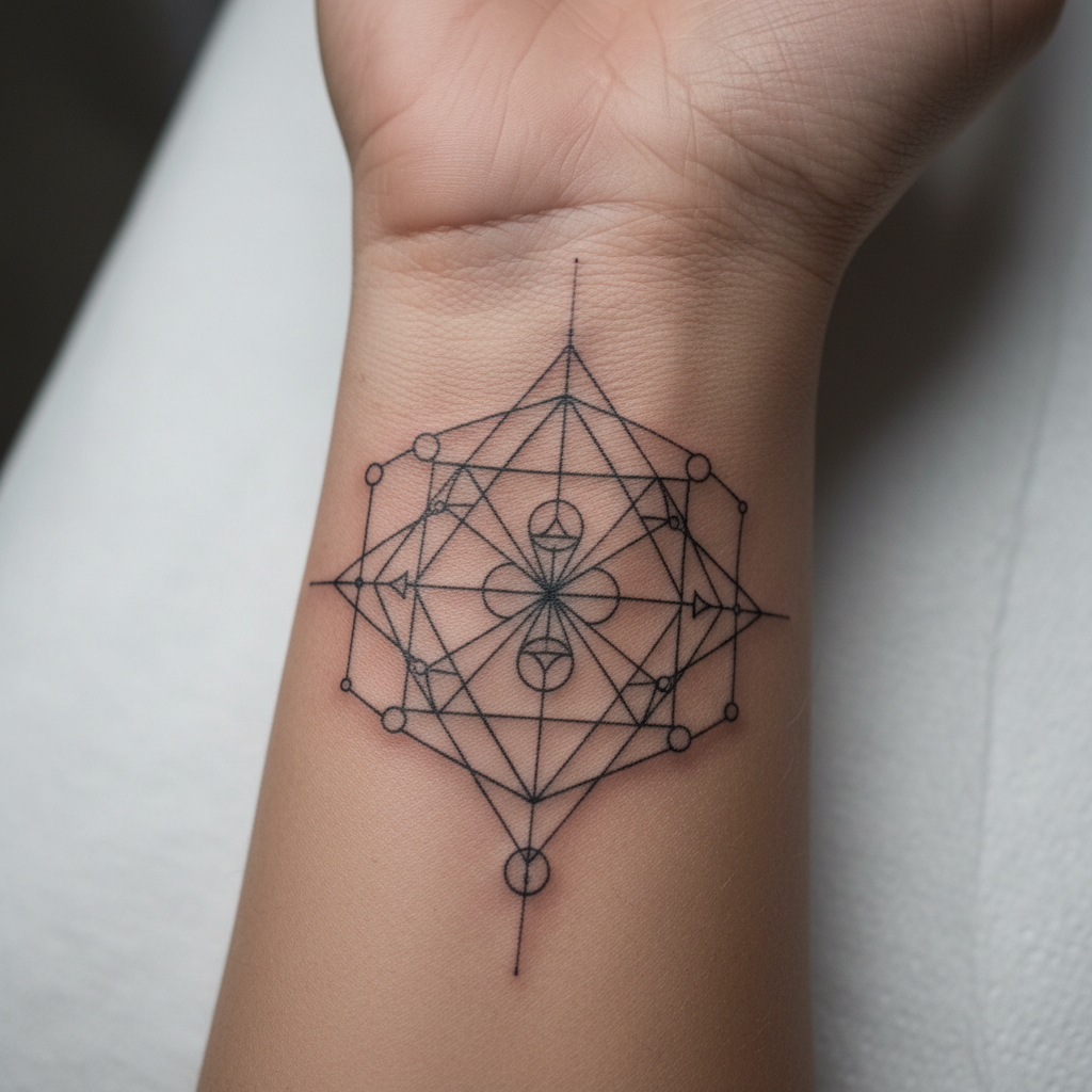 Pore-level detail macro of healed fine line geometric tattoo on inner wrist