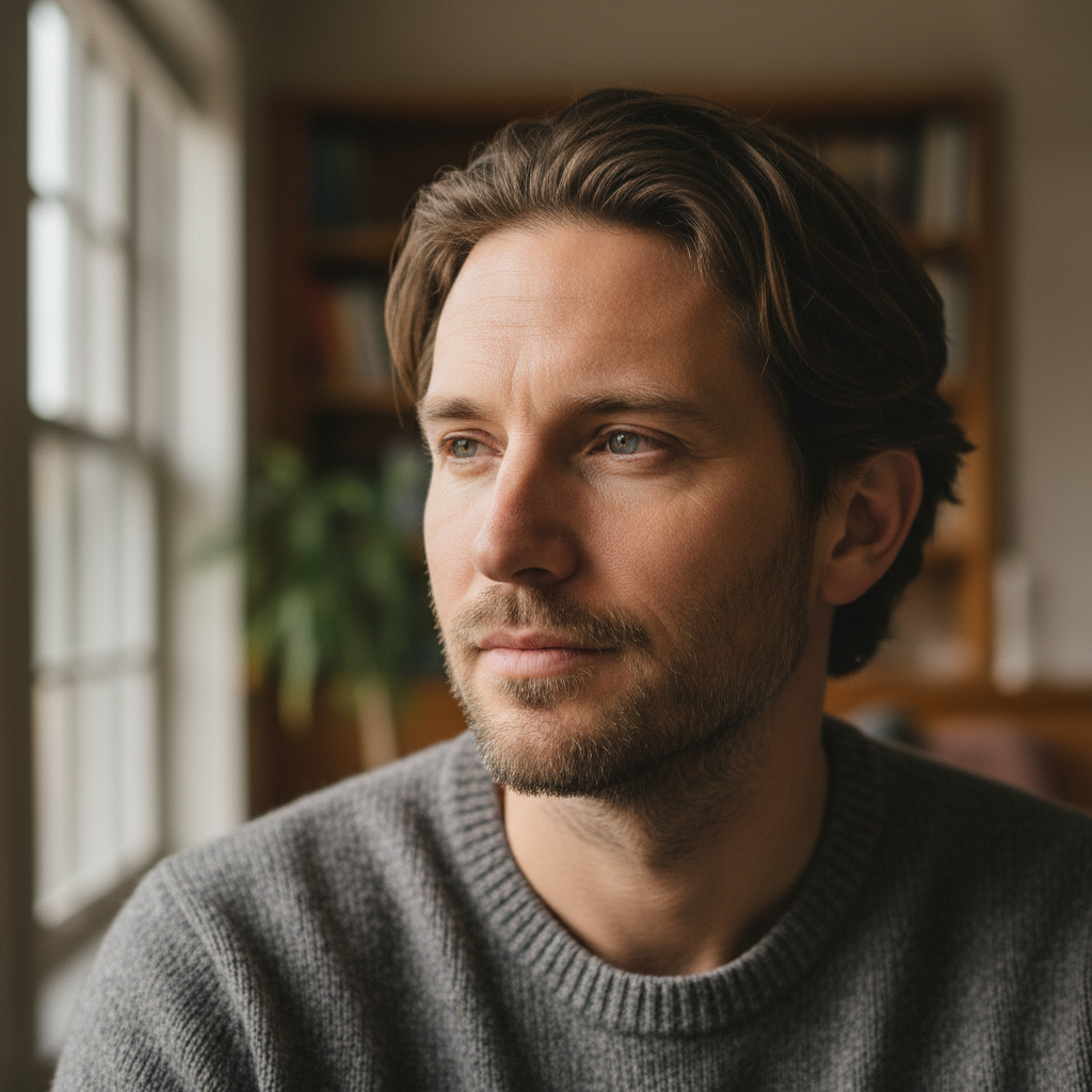 Man with composed expression, editorial portrait with soft natural light from side window