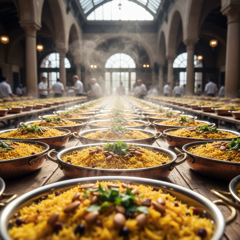 Rows of copper serving dishes filled with steaming saffron rice arranged for large-scale service