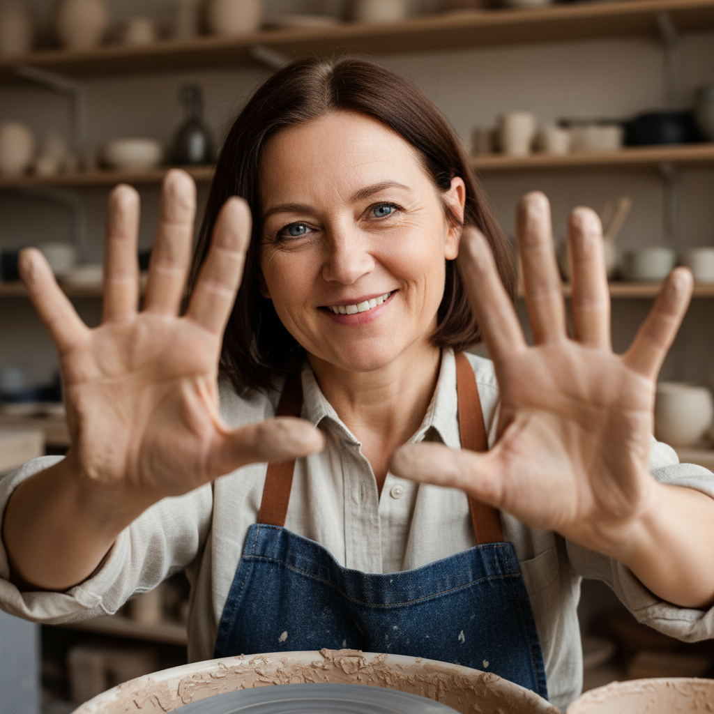 Portrait of Suki Brennan, ceramics teacher with clay-stained hands and bright eyes